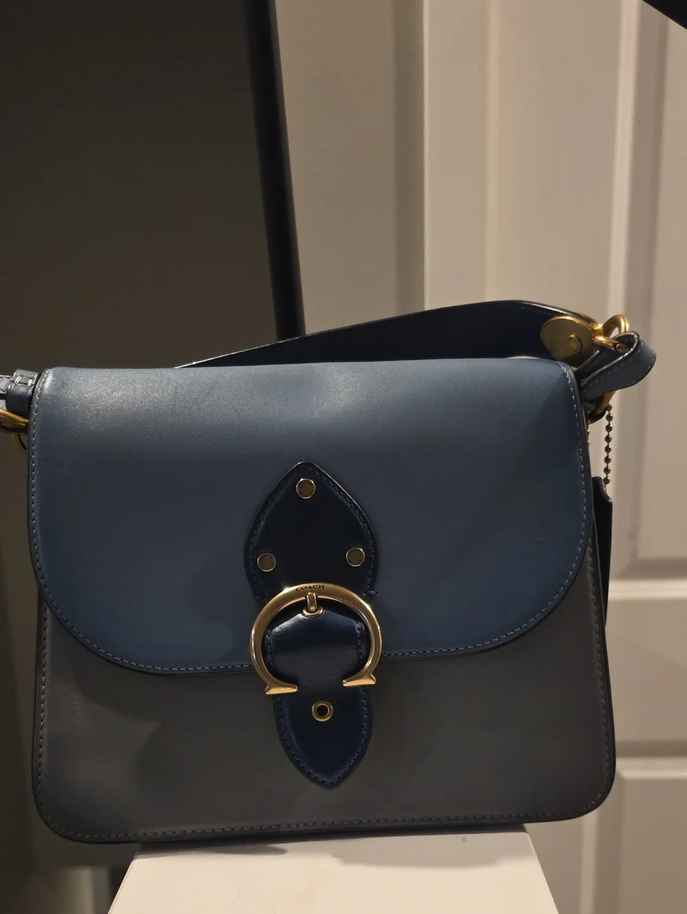 Coach Two-Tone Blue Leather Shoulder Bag with Gold Hardware